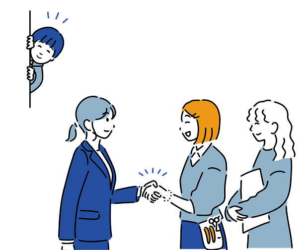 握手を交わす女性たちと、それを見守る人物のイラスト。信頼関係を築くメンタリングの場面。