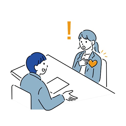 驚きと気づきを感じる女性と、それを対話で導く男性のイラスト。エグゼクティブコーチングのシーン。