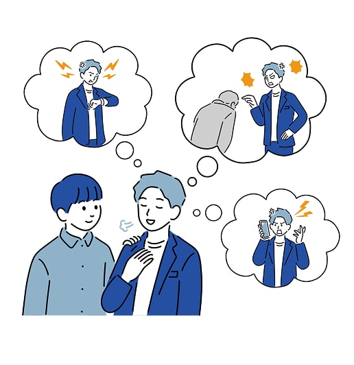 怒りの感情に向き合い、冷静に話す2人のイラスト。アンガーマネジメントのサポート場面。